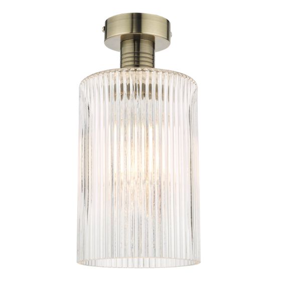 där lighting Emerson Semi Flush Antique Brass Cylinder Ribbed Glass