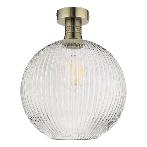 Där Lighting Emerson Semi Flush Antique Brass Round Ribbed Glass