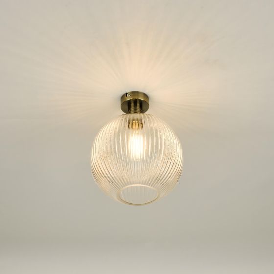 Där Lighting Emerson Semi Flush Antique Brass Round Ribbed Glass