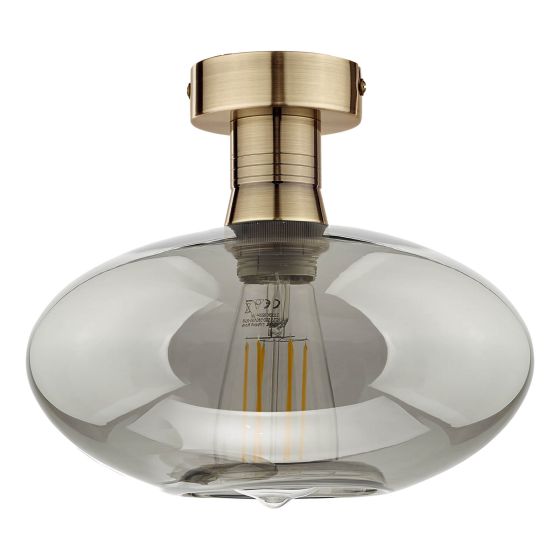 Där Lighting Emerson Semi Flush Antique Brass Smoked Glass