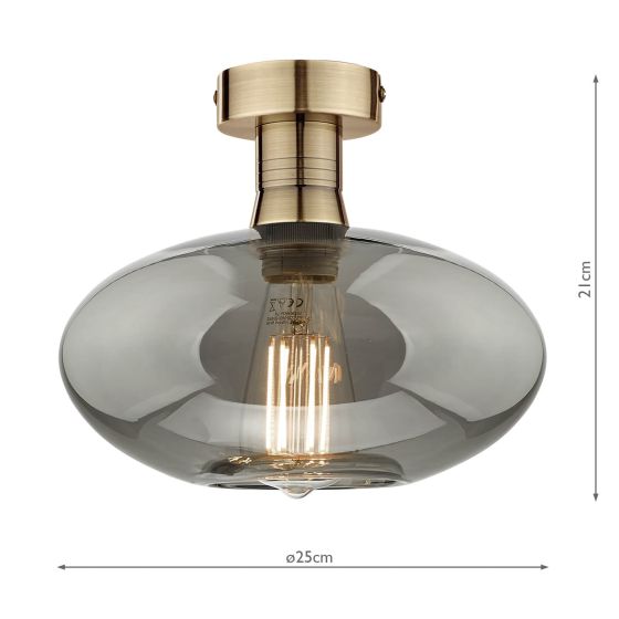 Där Lighting Emerson Semi Flush Antique Brass Smoked Glass