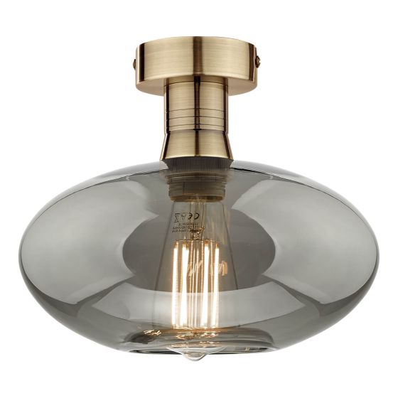 där lighting Emerson Semi Flush Antique Brass Smoked Glass
