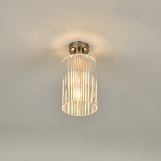 Där Lighting Emerson Semi Flush Antique Chrome Cylinder Ribbed Glass