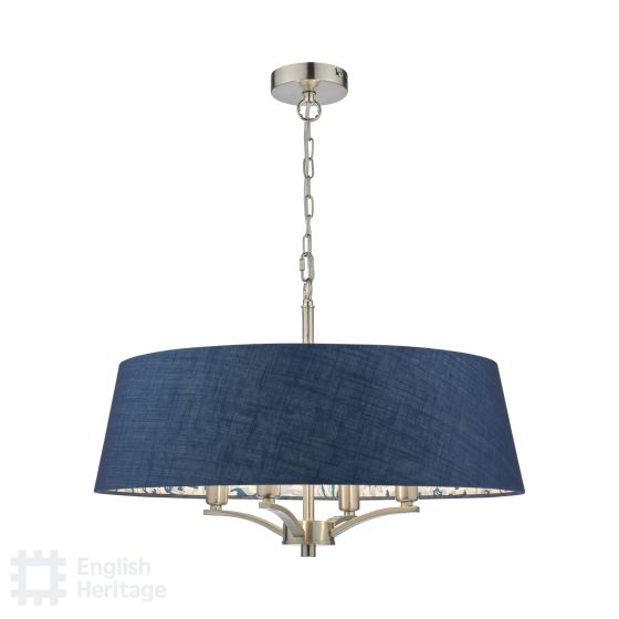 där lighting English Heritage Down House 4 Light Shadelier Satin Chrome and Blue With Shade