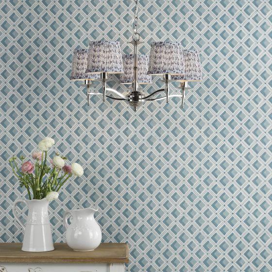 Där Lighting English Heritage Marble Hill 5 Light Armed Pendant Polished Nickel With Shade