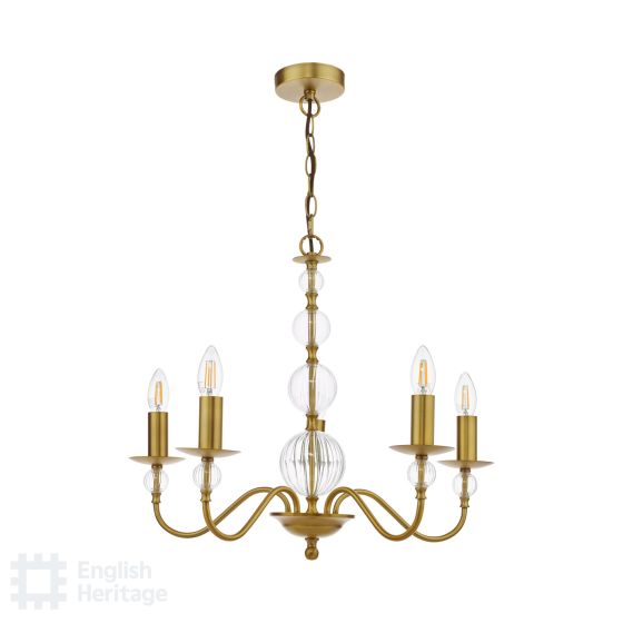 Där Lighting English Heritage Wrest Park 5 Light Armed Pendant Aged Brass And Ribbed Glass