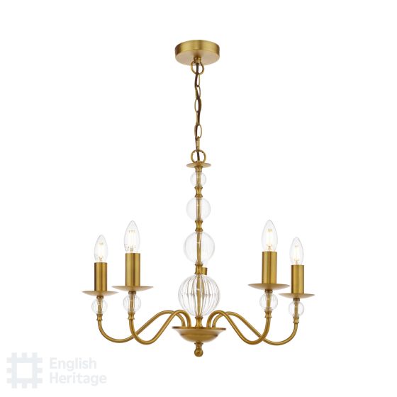 där lighting English Heritage Wrest Park 5 Light Armed Pendant Aged Brass and Ribbed Glass
