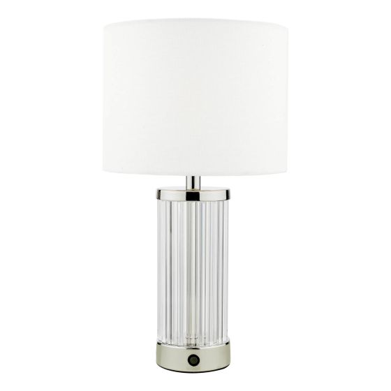 där lighting Enrico Rechargeable Table Lamp Polished Nickel and Glass With Shade LED