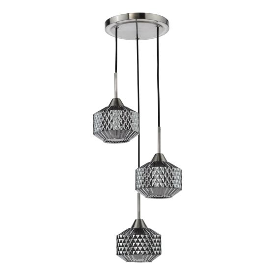Där Lighting Fabrienne 3 Light Cluster Pendant Satin Nickel And Smoked Glass