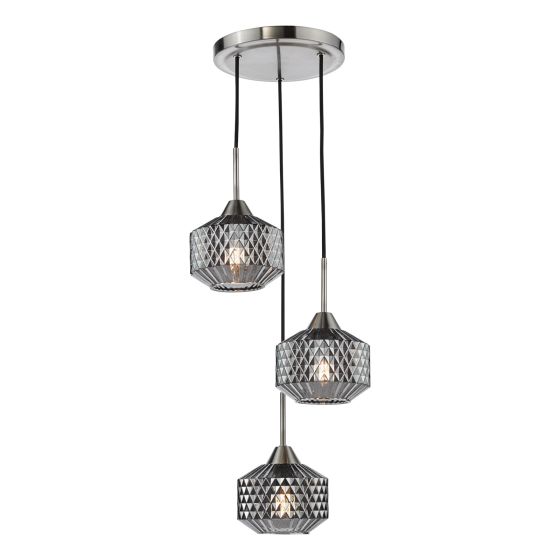 där lighting Fabrienne 3 Light Cluster Pendant Satin Nickel and Smoked Glass