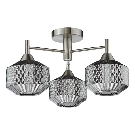 Där Lighting Fabrienne 3 Light Semi-Flush Satin Nickel And Smoked Glass
