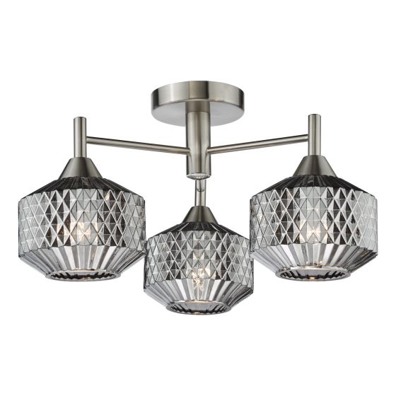 där lighting Fabrienne 3 Light Semi-Flush Satin Nickel and Smoked Glass