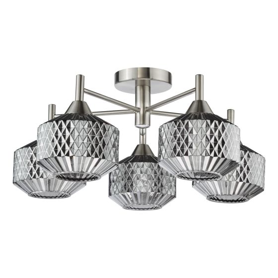Där Lighting Fabrienne 5 Light Semi-Flush Satin Nickel And Smoked Glass