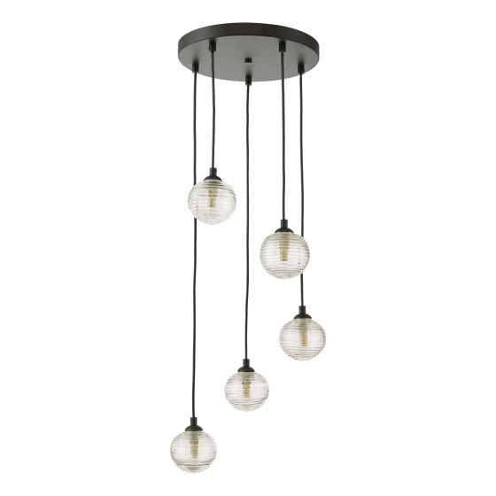 Där Lighting Federico 5 Light Cluster Pendant Black Clear Ribbed Glass