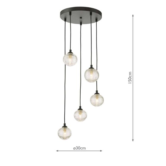 Där Lighting Federico 5 Light Cluster Pendant Black Clear Ribbed Glass