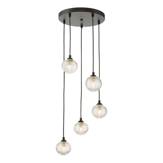 där lighting Federico 5 Light Cluster Pendant Black Clear Ribbed Glass
