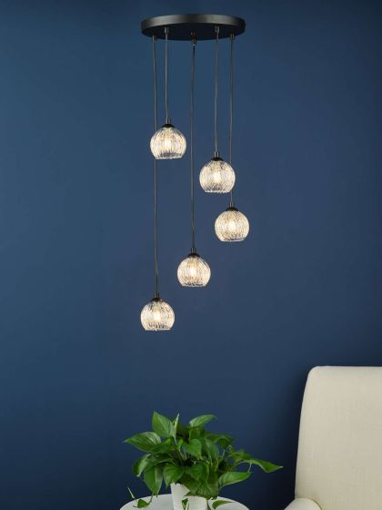 Där Lighting Federico 5 Light Cluster Pendant Black Clear/Wire Glass