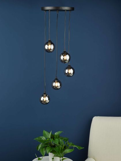 Där Lighting Federico 5 Light Cluster Pendant Black Smoked Glass