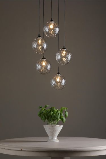 Där Lighting Federico 5 Light Cluster Pendant Matt Black Clear Dimpled Glass