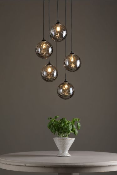 Där Lighting Federico 5 Light Cluster Pendant Matt Black Smoked Dimpled Glass