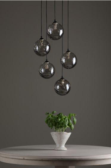 Där Lighting Federico 5 Light Cluster Pendant Matt Black Smoked Dimpled Glass