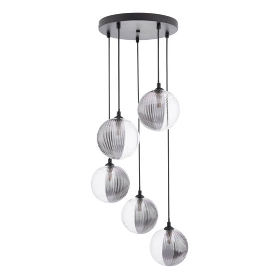 Där Lighting Federico 5 Light Cluster Pendant Matt Black & Smoked/Clear Ribbed Glass