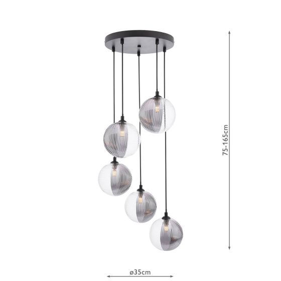 Där Lighting Federico 5 Light Cluster Pendant Matt Black & Smoked/Clear Ribbed Glass