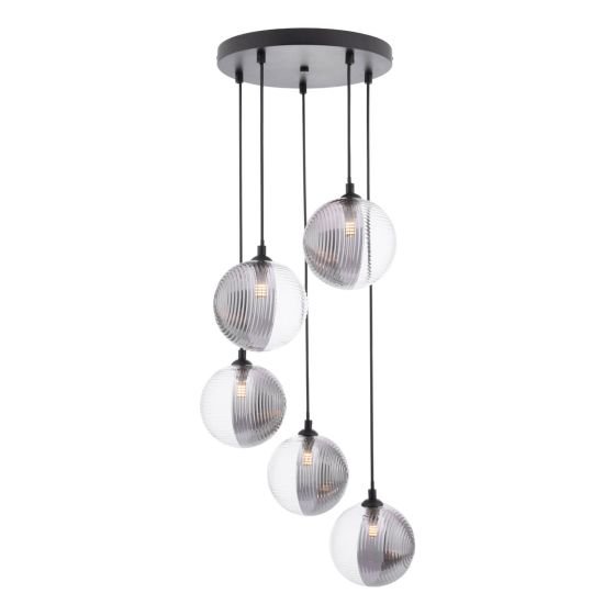 där lighting Federico 5 Light Cluster Pendant Matt Black & Smoked/Clear Ribbed Glass