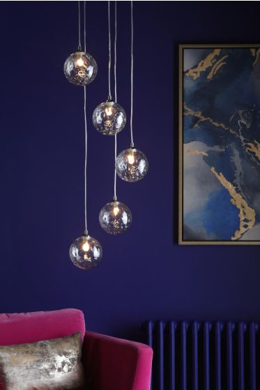Där Lighting Federico 5 Light Cluster Pendant Polished Chrome Clear Dimpled Glass