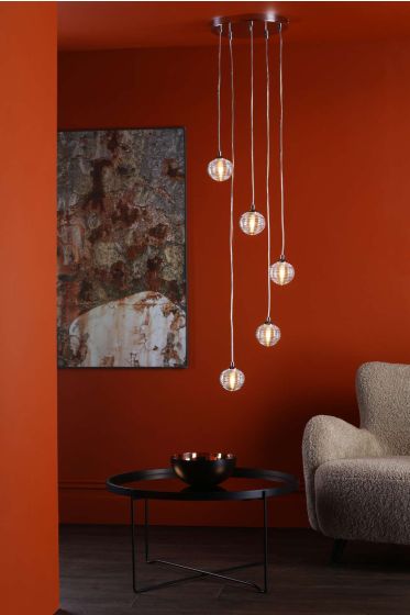 Där Lighting Federico 5 Light Cluster Pendant Polished Chrome Clear Ribbed Glass