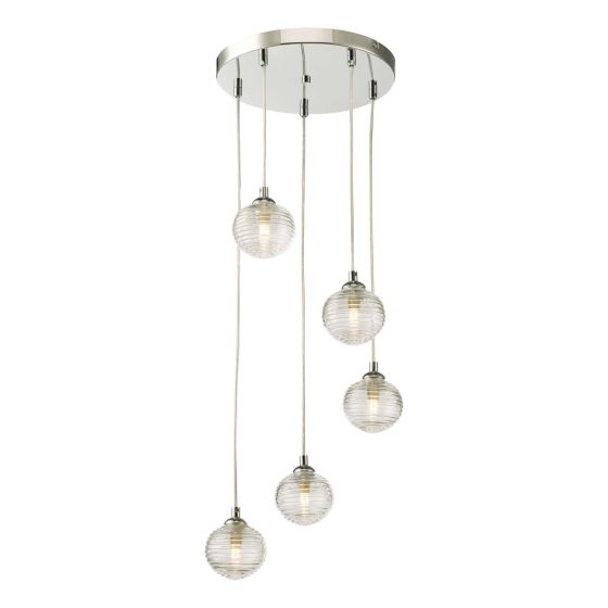 där lighting Federico 5 Light Cluster Pendant Polished Chrome Clear Ribbed Glass