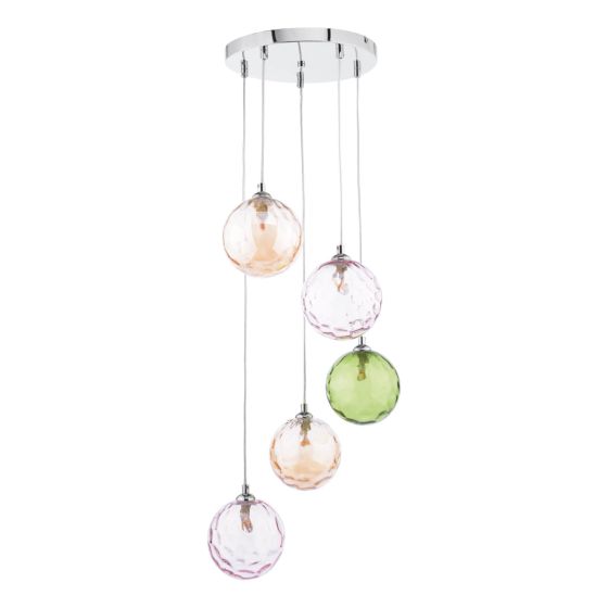Där Lighting Federico 5 Light Cluster Pendant Polished Chrome Mixed Coloured Glass