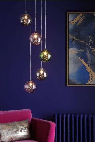 Där Lighting Federico 5 Light Cluster Pendant Polished Chrome Mixed Coloured Glass