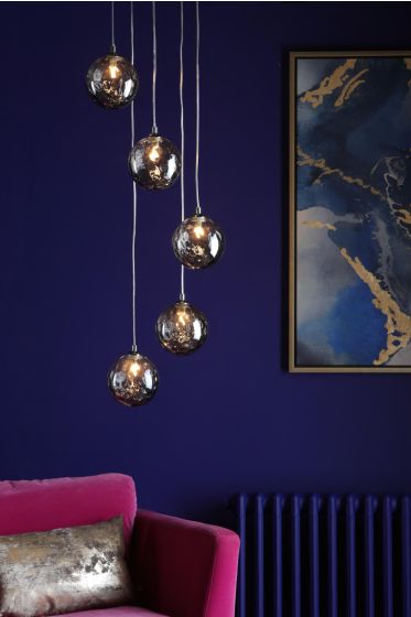 Där Lighting Federico 5 Light Cluster Pendant Polished Chrome Smoked Dimpled Glass