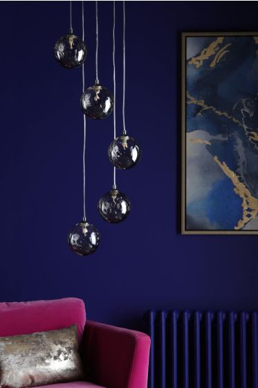 Där Lighting Federico 5 Light Cluster Pendant Polished Chrome Smoked Dimpled Glass