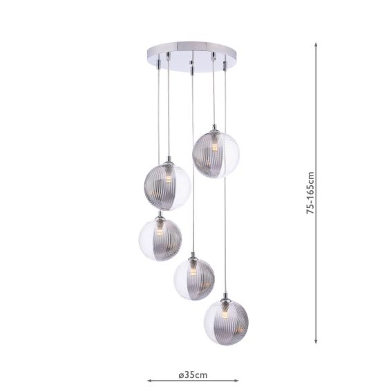 Där Lighting Federico 5 Light Cluster Pendant Polished Chrome & Smoked/Clear Ribbed Glass