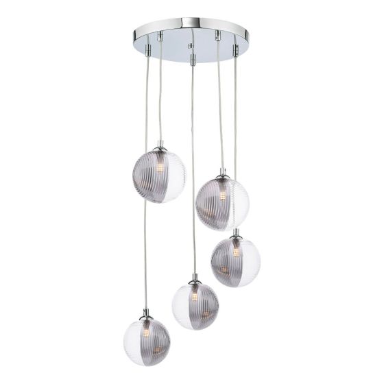 där lighting Federico 5 Light Cluster Pendant Polished Chrome & Smoked/Clear Ribbed Glass