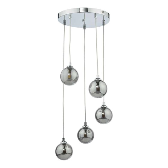 Där Lighting Federico 5 Light Cluster Pendant Polished Chrome Smoked Glass