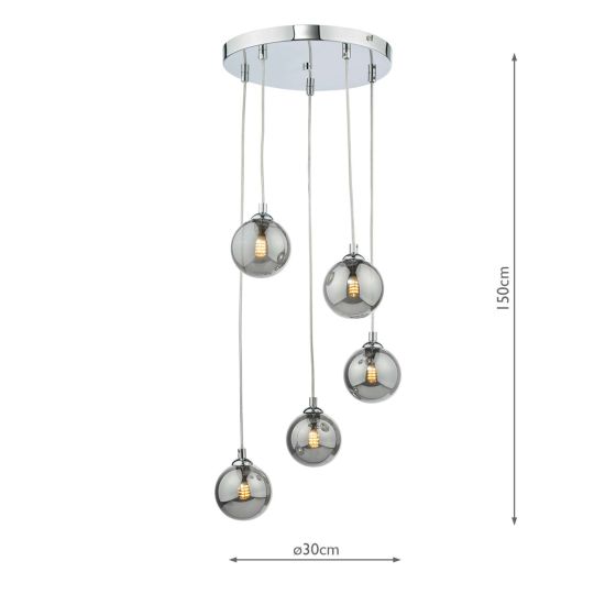 Där Lighting Federico 5 Light Cluster Pendant Polished Chrome Smoked Glass