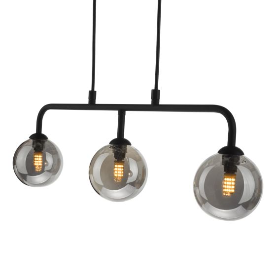 Där Lighting Feya 3 Light Bar Pendant Matt Black Smoked Glass