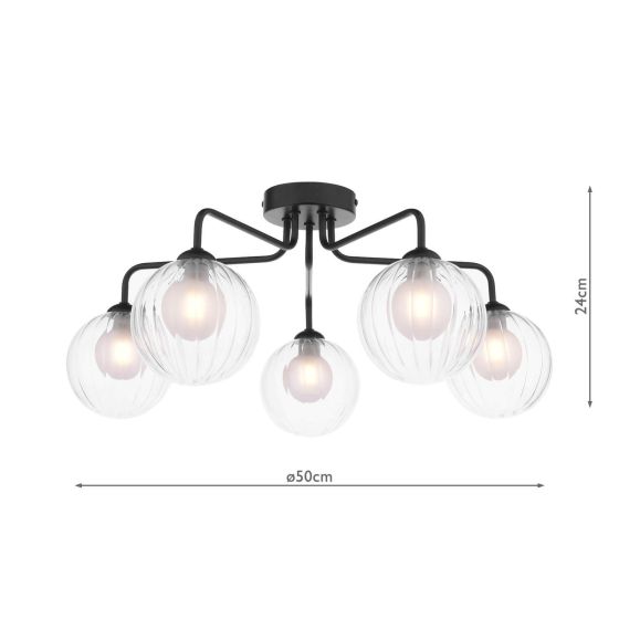 Där Lighting Feya 5 Light Semi-Flush Matt Black & Clear/Opal Glass