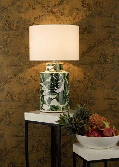Där Lighting Filip Table Lamp Green Leaf Print With Shade