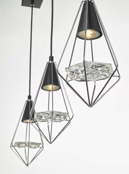 Där Lighting Gianni 3 Light Pendant Black Polished Chrome & Glass