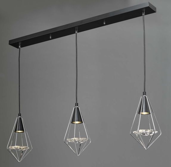 Där Lighting Gianni 3 Light Pendant Black Polished Chrome & Glass