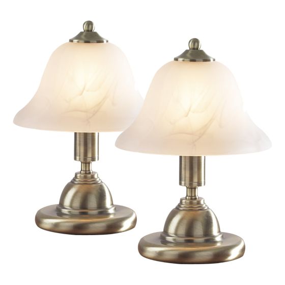 Där Lighting Gloucester Touch Table Lamp Antique Brass & Glass Shade - Twin Pack