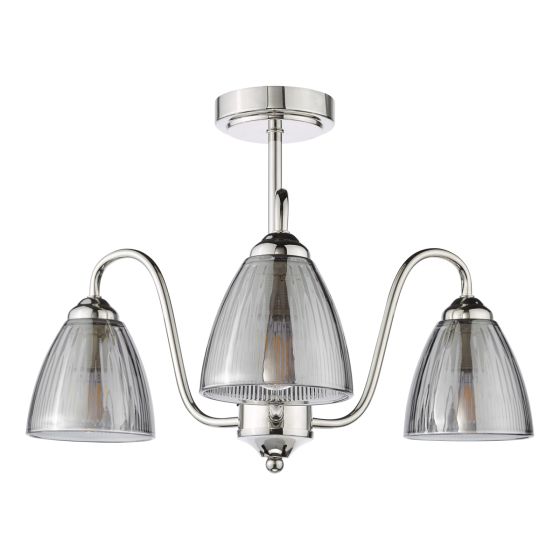 Där Lighting Glynis 3 Light Semi-Flush Polished Nickel And Smoked Ribbed Glass