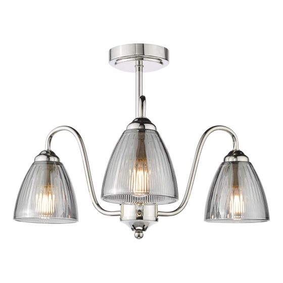 där lighting Glynis 3 Light Semi-Flush Polished Nickel and Smoked Ribbed Glass
