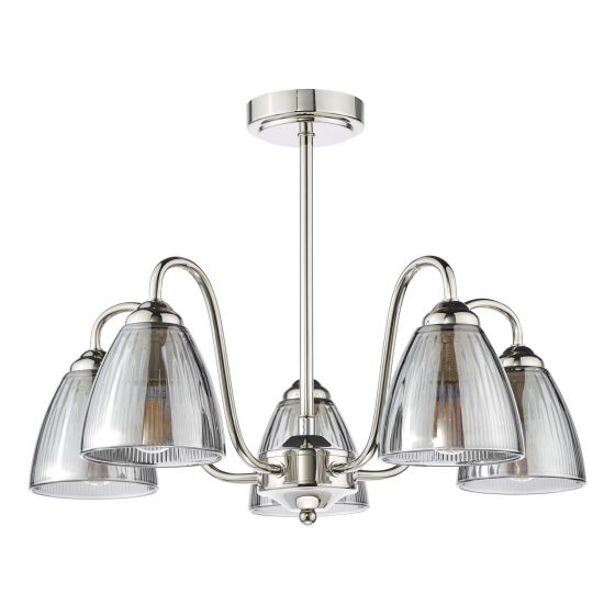 Där Lighting Glynis 5 Light Semi-Flush Polished Nickel And Smoked Ribbed Glass
