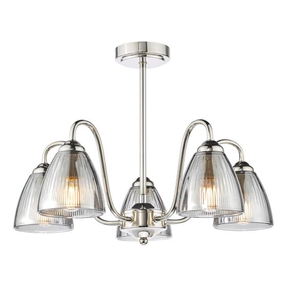 där lighting Glynis 5 Light Semi-Flush Polished Nickel and Smoked Ribbed Glass