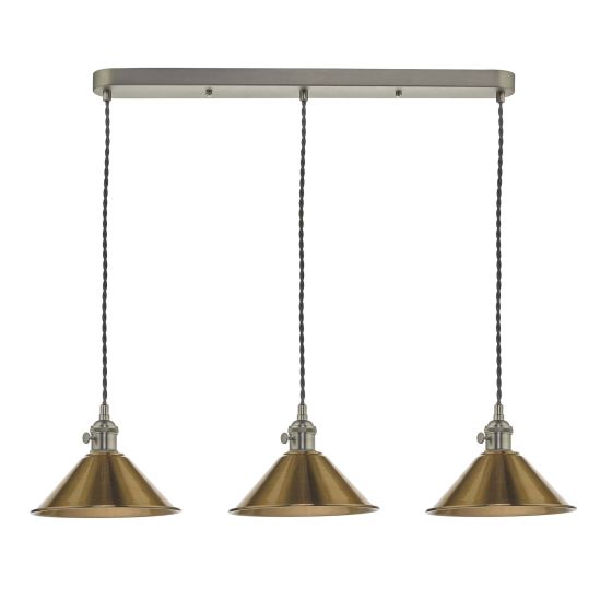 där lighting Hadano 3 Light Antique Chrome Suspension With Aged Brass Shades